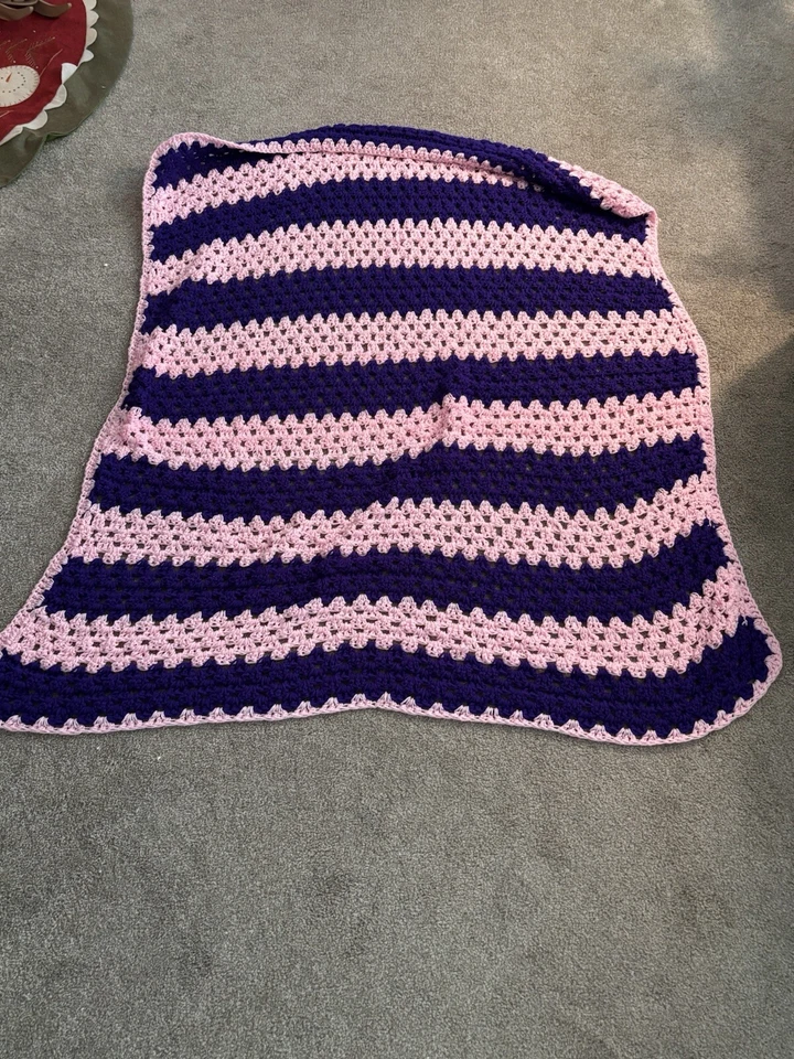 Vtg Multi Color Purple Retro Granny Hand Crochet Knit Afghan Throw Approx 48x32 - Image 3 of 3