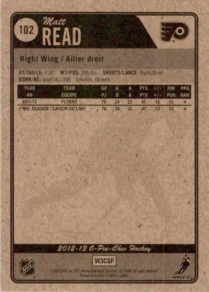 2012-13 O-Pee-Chee Matt Read #102 - Image 2 of 2