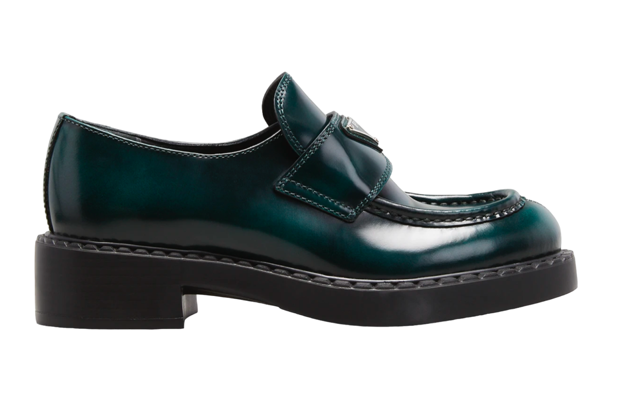 Prada Spazzolato Fume Logo Bosco Green Platform Loafer Prada Spazzolato Fume Logo Bosco Green Platform Loafer