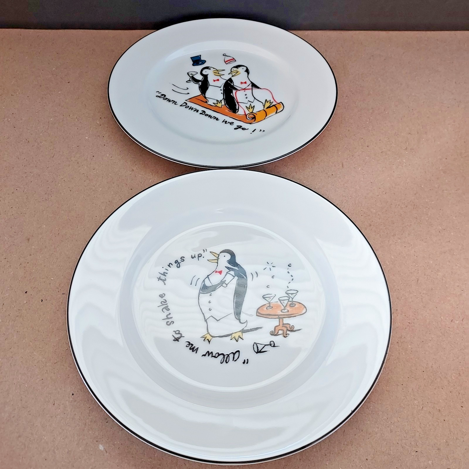 Pottery Barn Penguin 'Down Down We go" & "Shake Things UP" Appetizer Japan Plate