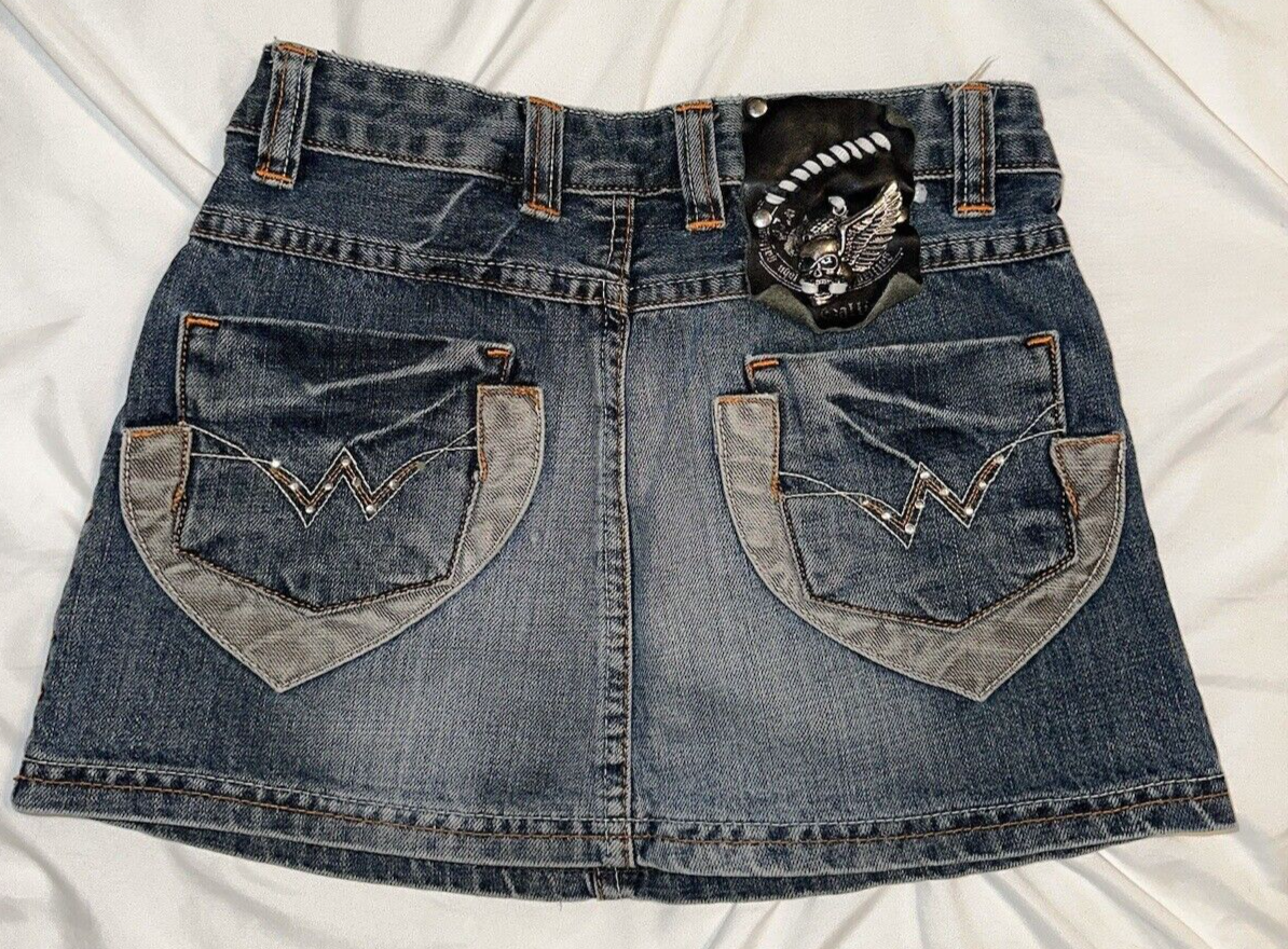 John Galliano Skirt Juniors Size 27/0 Denim Short Mini Skull
