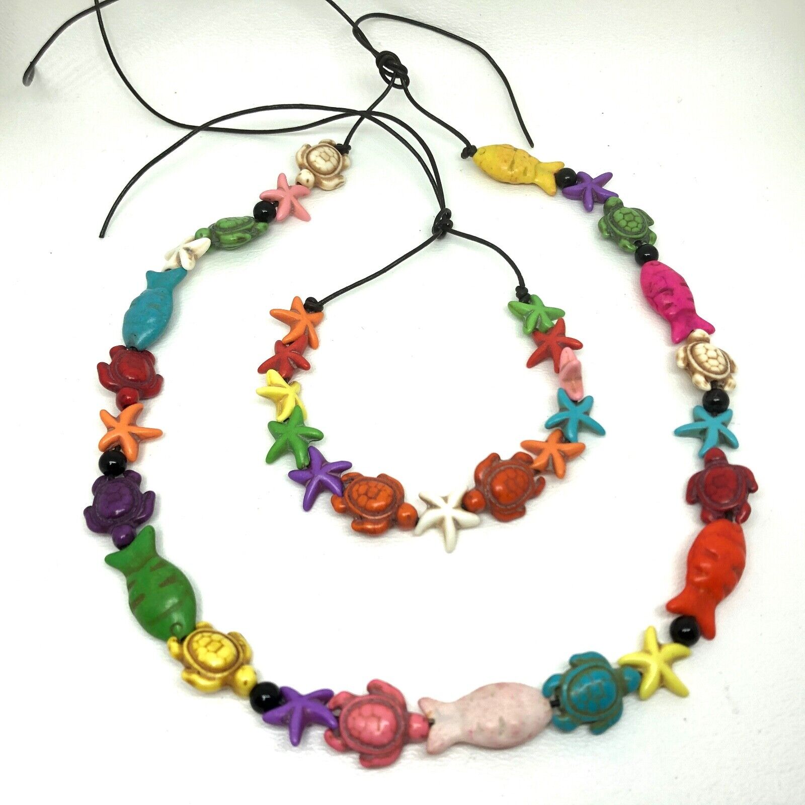 Multi Color Turtles, Starfish & Fish Beaded Necklace & Bracelet Set On Leather