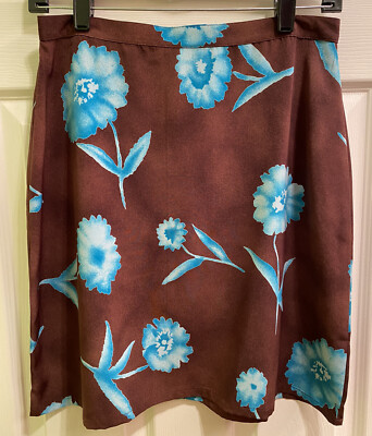 Boutique EUROPA by Newport News Brown Skirt Turquoise Blue Flowers Floral  Sz 10