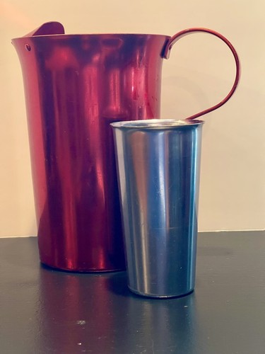 Vintage MCM Rot Aluminium Krug & Flieder Becher mit 5 Bonus Becher