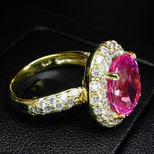 Vibrant Rose Pink Sapphire 5.12Ct 925 Sterling Silver 24K Gold Plated Halo Rings - Picture 5 of 8