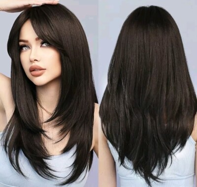 Wig - Human Hair Blend - Heat Resistant Dark Brown Wavy  display picture 2