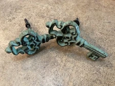 Two Distressed Metal Skeleton Key Cabinet Drawer Knobs Green