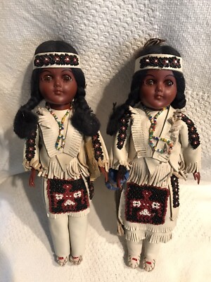 Vintage 2 Carlson Dolls 1970's Cheyenne Chief and Princess w/Baby 7 1/2'' NWT