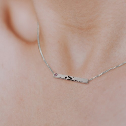 Birthstone Necklace 4 Sided Engraved Brass Bar Pendant With Birthstone Rhodium - Picture 37 of 82