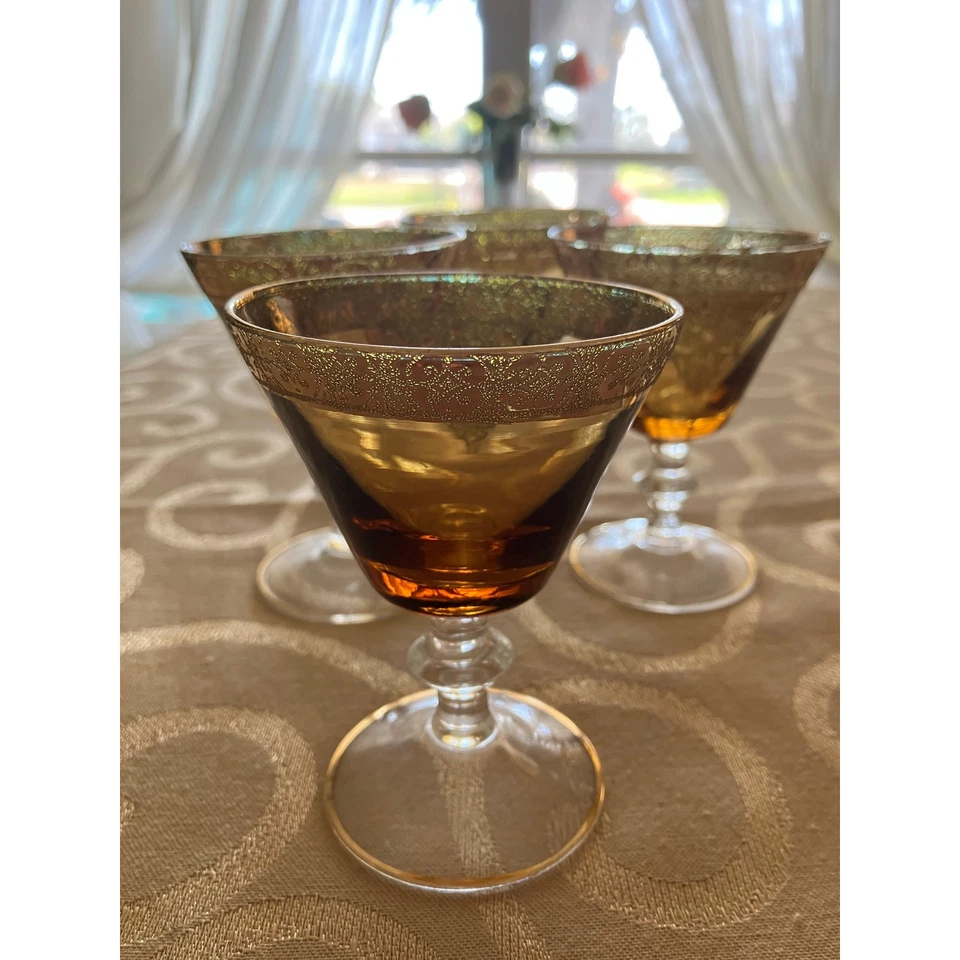 Juego de jarra italiana de jerez de vidrio soplado de Murano ámbar con superposición de oro pesado Foto 4 de 4