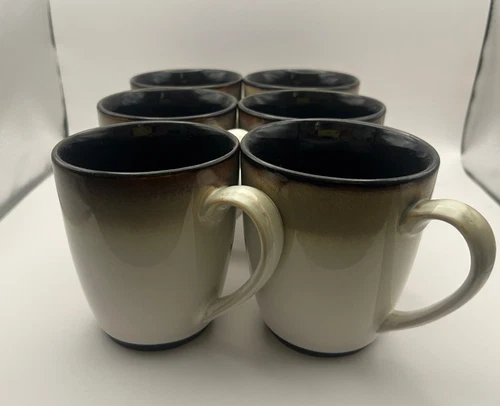 Sango Nova Black Coffee Mug Cup #4932  Black Sand & Cream Set of Six