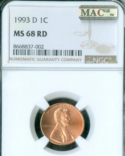 1993 D LINCOLN CENT NGC MS68 RED PQ 2ND FINEST GRADE MAC SPOTLESS .