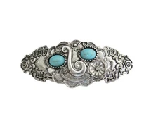 Small blue stone silver tone metal flower western hair clip barrette thin hair