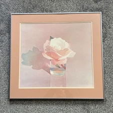 Vintage 1982 MARK ADAMS Signed Watercolor GARDEN ROSE Framed Litho Under Glass