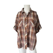 Vintage Plaid Button Up Shirt Short Sleeve Brown Neutral Lightweight
