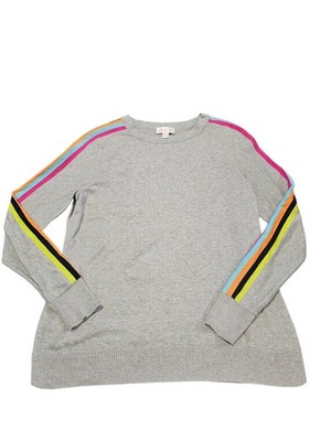 Belle Kim Gravel gray S Sweater Pullover multi color stripes on sleeves 18'' U-U