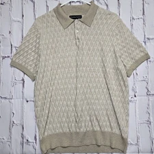 Christian Lacroix Sweater Button Up Knit Polo Mens Sz L Cotton Blend Tan White