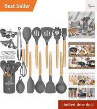 33 Professional Silicone Utensils Set with Wooden Handles and Storage Hooks