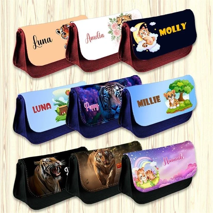 DAILY GIFTS Personalisiertes Federmäppchen Tiger Design Mädchen Jungen Schreibwaren Kinder Schultasche 48