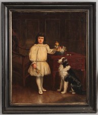 Antique 19thC Portrait Oil Painting, Victorian Girl & Border Collie Dog, NR