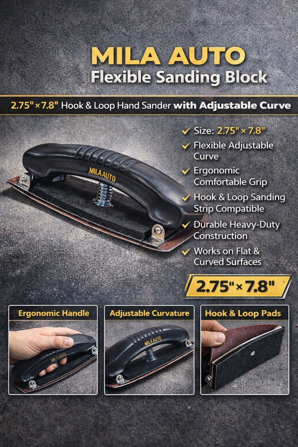MILA AUTO Flexible Sanding Block &ndash; 2.75" x 7.8" Hook & Loop Adjustable Hand Sand