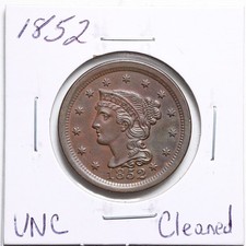 1852 1C Braided Hair Large Cent with UNC Detail Cleaned #5784