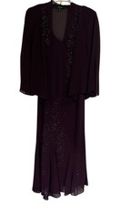 R M Richards Chiffon 18 Eggplant 2 PC Cocktail Dress Beads Jacket NWT