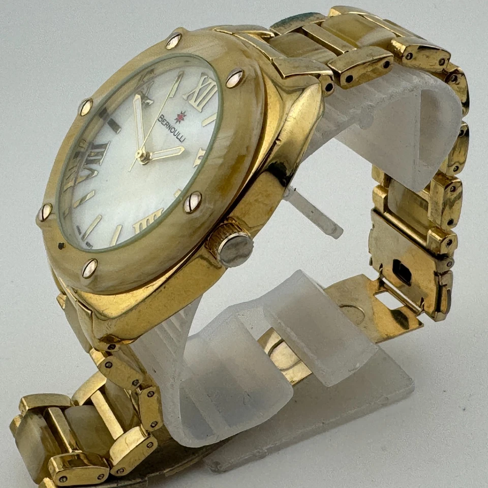 Bernoulli Reloj Cuarzo Unisex Tono Dorado Ónix Look Japón Analógico Batería Nueva 6.5" Foto 4 de 4