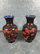 Antigua Par Pequeños Floreros Jarrones Chino Cinnabar Dragón Medio Xxe. China