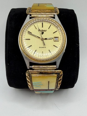 #ad VINTAGE ZUNI NATIVE AMERICAN STERLING SILVER WATCH TIPS BAND PULSAR WATCH TESTED $185.00