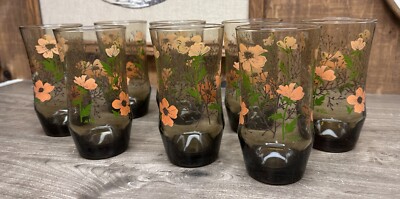 70 s Retro Set Of 8 Vintage Amber Glasses Glassware 5.5 Tumblers Floral NOS Box