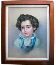 1950s Portrait Original Mid Century Girl Child Oil Pastels Framed Artwork Art
