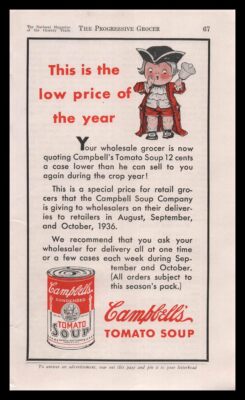 1933 Campbell's Tomato Soup Kid Town Crier Ringing Bell Cartoon Vintage Print Ad