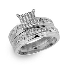 Sterling Silver 2-pcs Engagement / Wedding Square Design Pave CZ Stones Ring Set