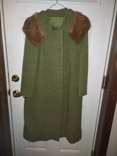 1960s Vtg Mink Collar Dress Coat Mary Lane Sz M Bonded Wool Knit Long