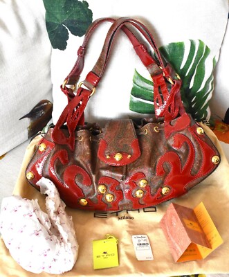 Vintage 100% ETRO RED Faux Patent Leather Paisley Gold Studs