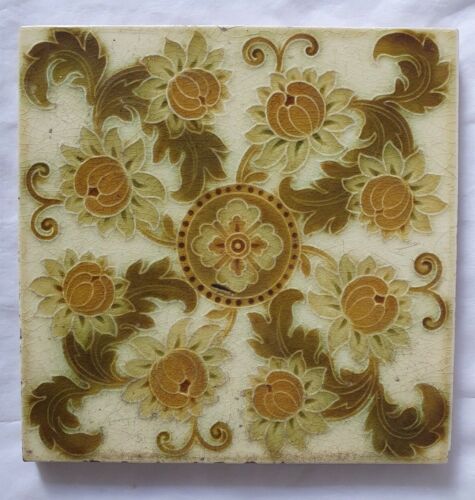 GORGEOUS ANTIQUE ART NOUVEAU PILKINGTON FLORAL DESIGN 6 INCH TILE