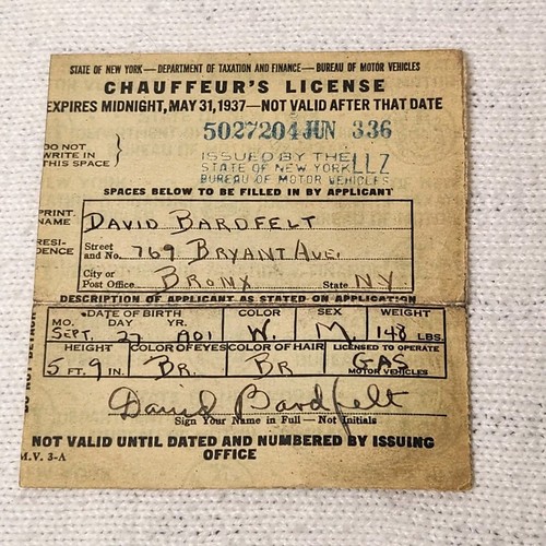 Vintage Chauffeur License Driver 1937 NY New York Paper - Picture 2 of 2