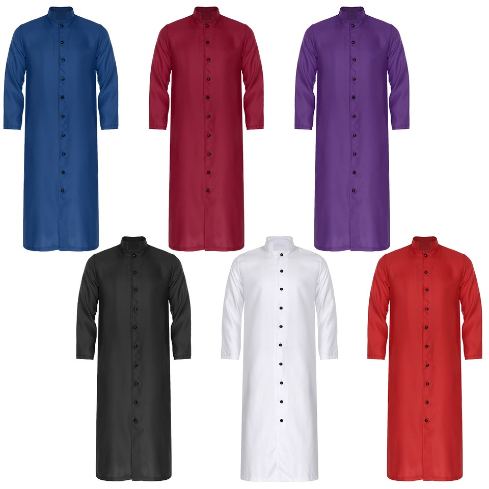 Mens Preacher Minister Clergy Robe Stand Collar Long Sleeve Button ...