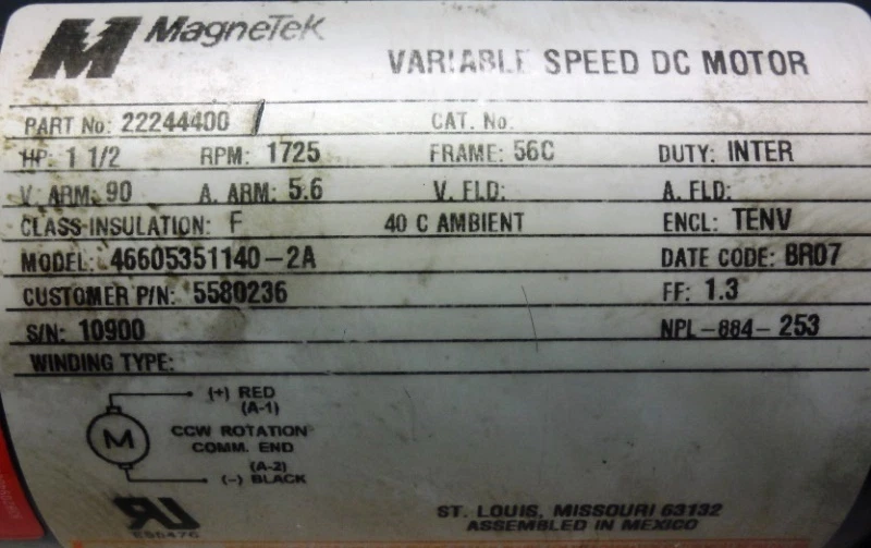 MAGNETEK VARIABLE SPEED DC MOTOR 46605351140-2A, US ELECTRIC GEAR TYPE MBQ, 40:1 - Image 2 of 4