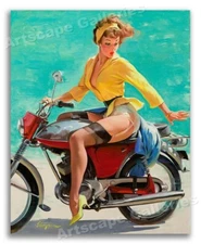 "Skirting the Issue" Vintage Style Elvgren Pin-Up Motorcycle Poster - 16x20