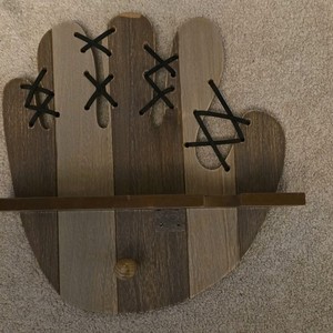 Wood Baseball Bat Display Rack Wall Mount Shelf Brown Beige Glove Shape