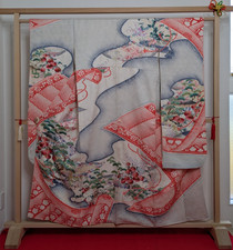 Authentic Japanese Silk Furisode Kimono Red Shibori Bonsai Wall Art Decor Luxury