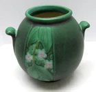Weller Velva Art Pottery Green Glaze 6" Bulbous Double Handle Vase Floral Panel