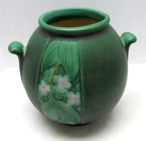 Weller Velva Art Pottery Green Glaze 6" Bulbous Double Handle Vase Floral Panel