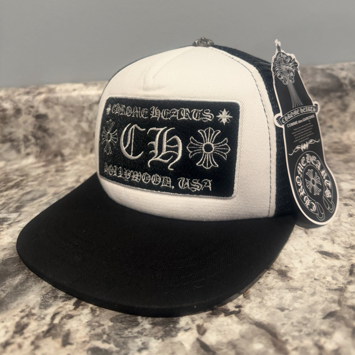 Hollywood Trucker Hat CH Logo Black/White Colorblock Mesh Back Adjustable Hat