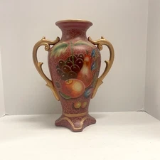 Vintage Double Handle Large Hand Painted Fruit Scene Accent Vase
