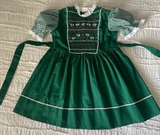 Vintage POLLY FLINDERS 6 6X hand Smocked DRESS green eyelet lace Girls Christmas