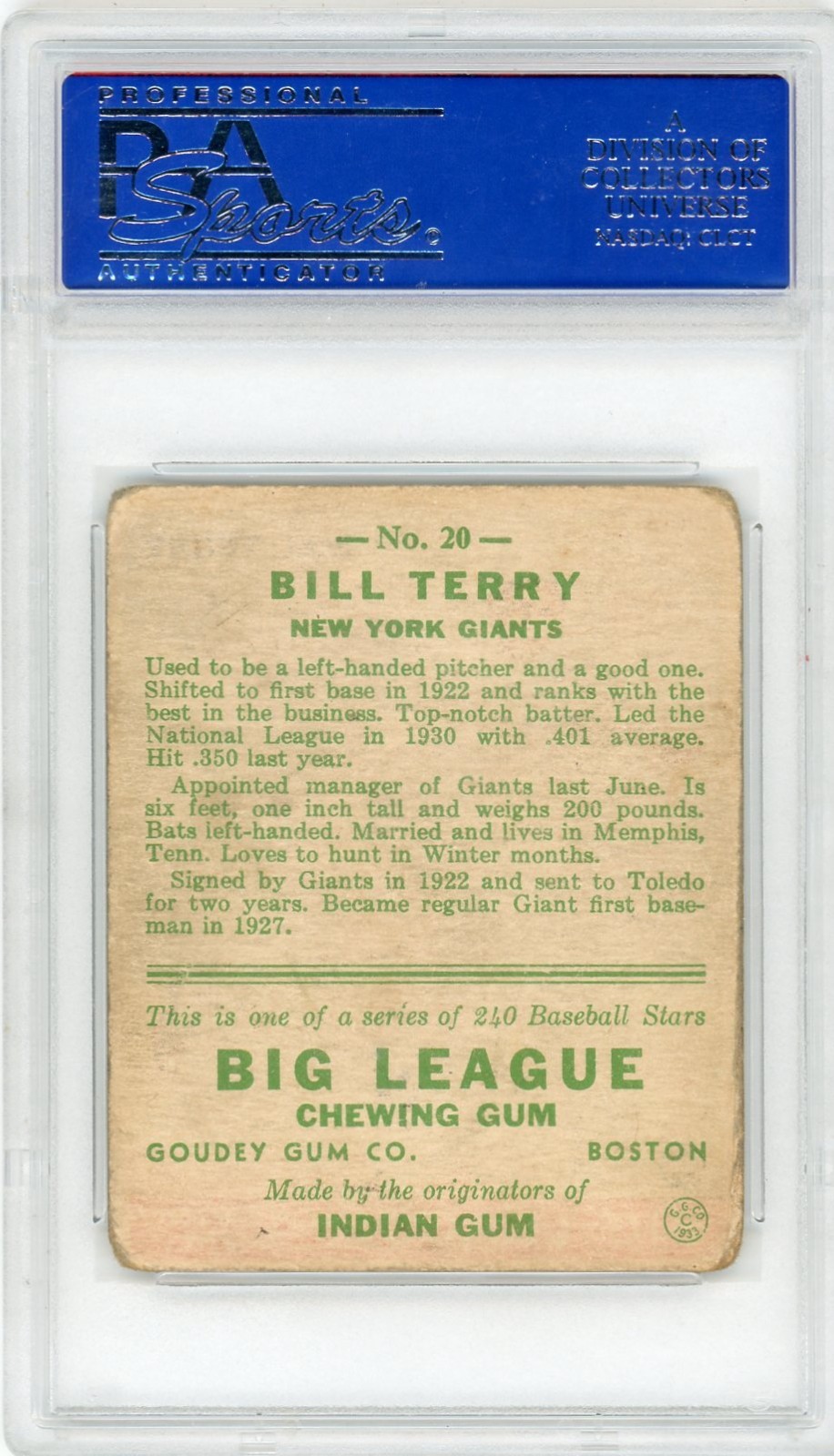 1933 GOUDEY #20 BILL TERRY ROOKIE RC PSA 2 view 2