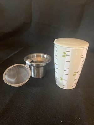 Tea Forte Porcelain Cup Tumbler Lid Birch Trees Sage Green Grey (No Infuser) EUC